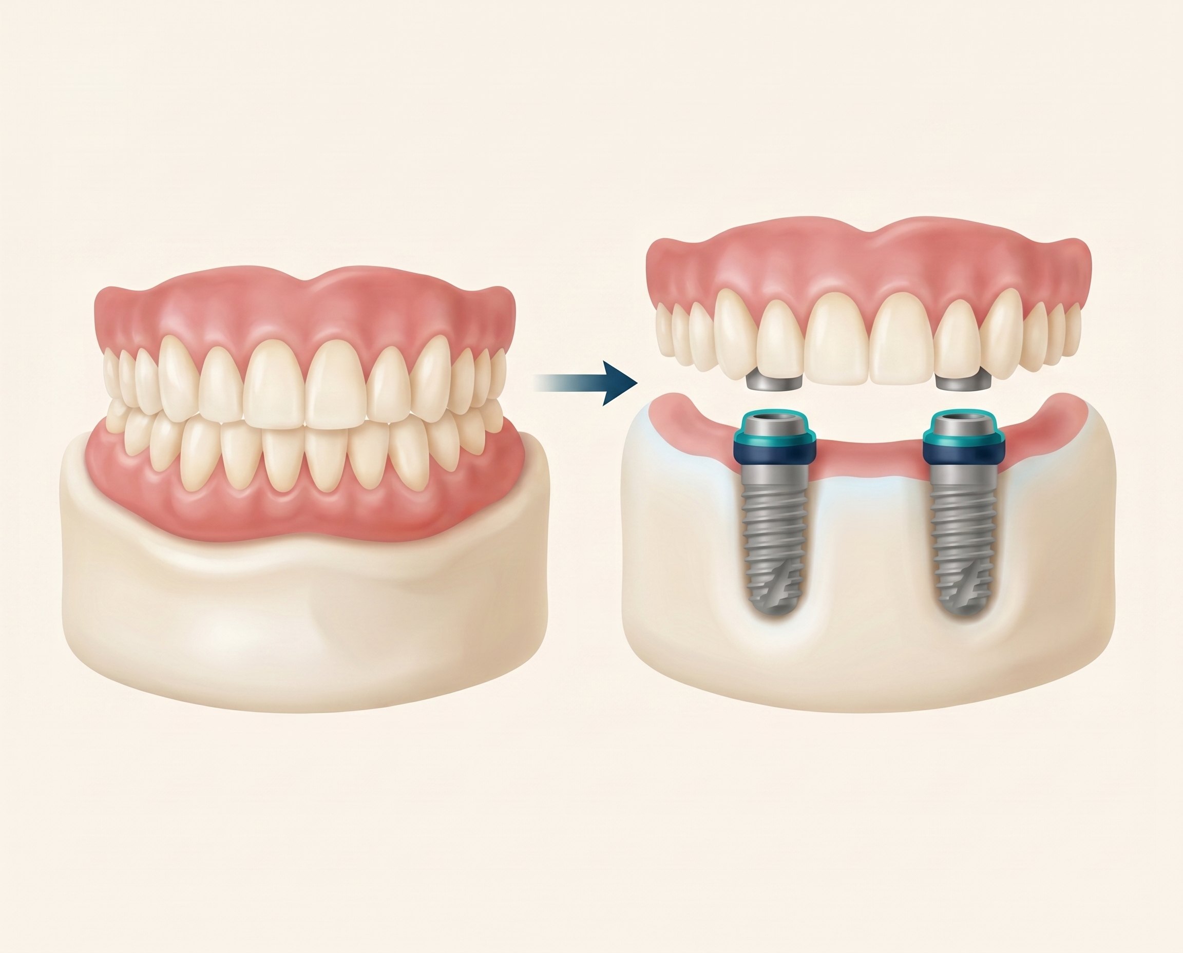 Illustration of the upgrade path from traditional to locator dentures