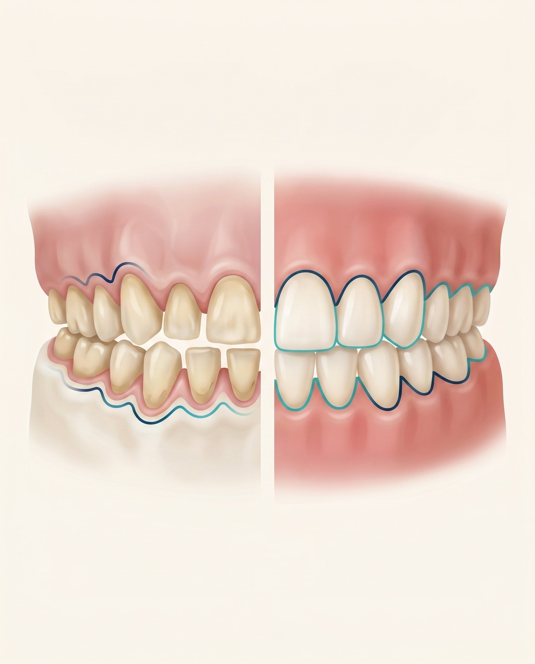 Illustration of before and after full-arch reconstruction