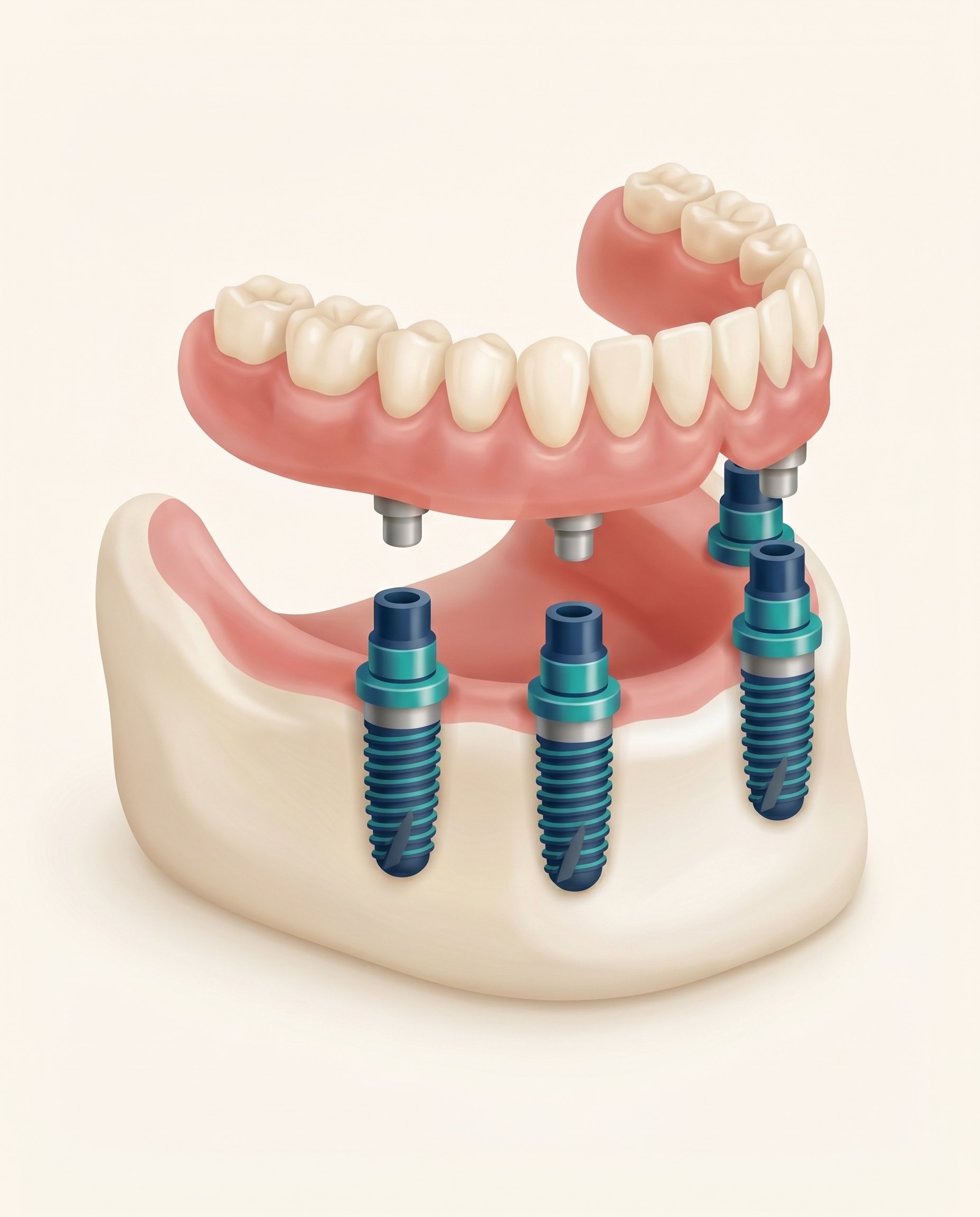 Illustration of a jaw cross-section with implants and locator attachments