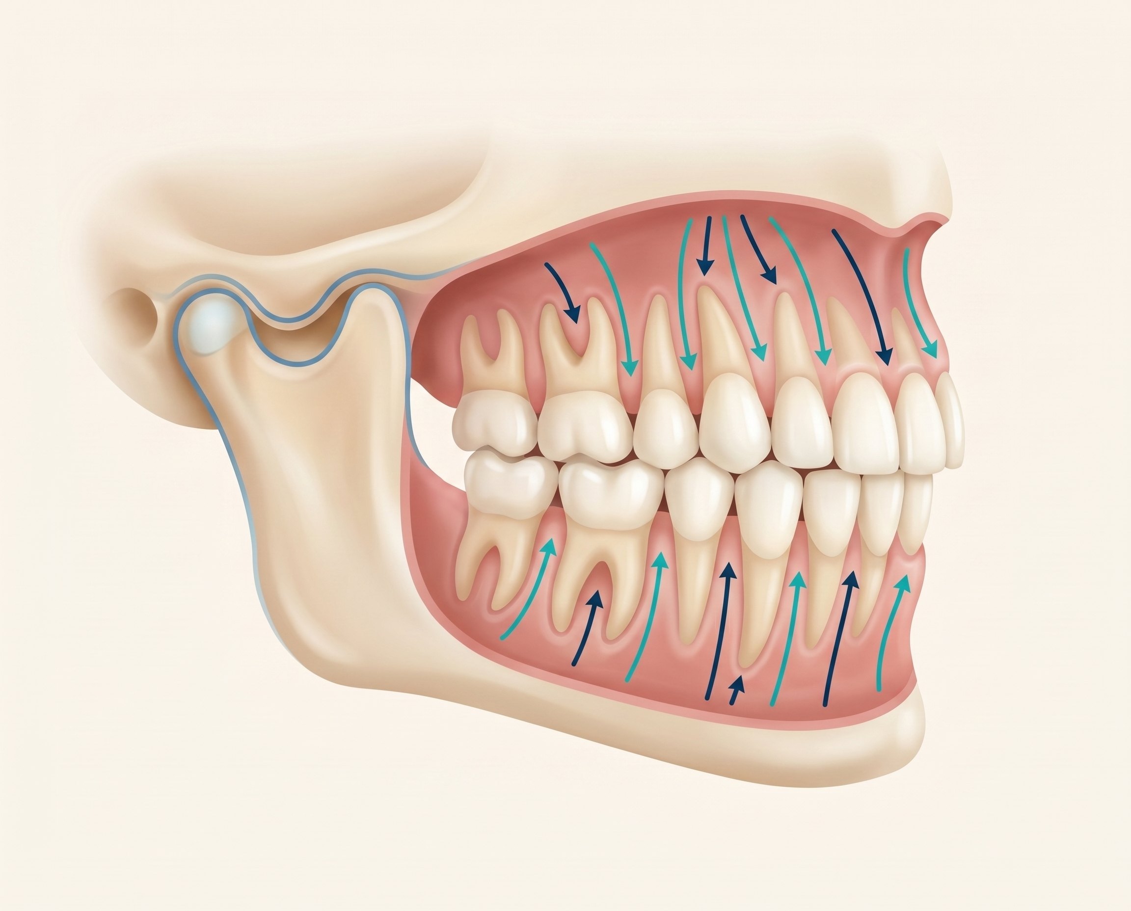 Illustration of bite correction supporting TMJ stabilization