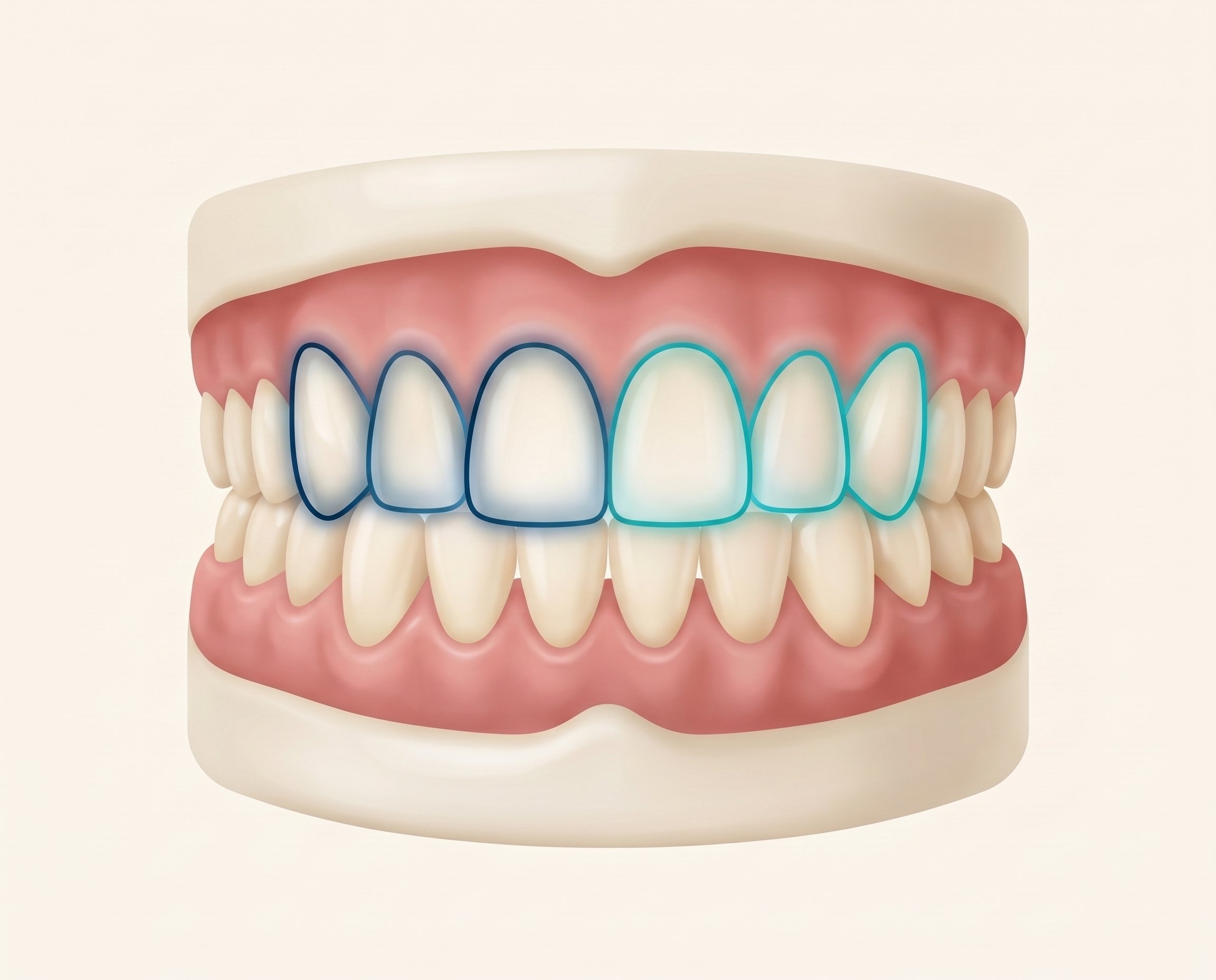 Illustration of a stable bite with veneer candidates highlighted