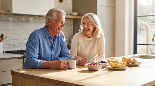 A senior couple enjoying fresh food together at home