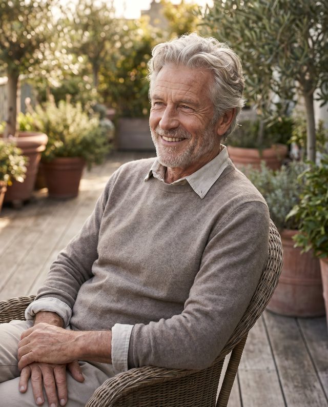 A confident, healthy senior man relaxing outdoors