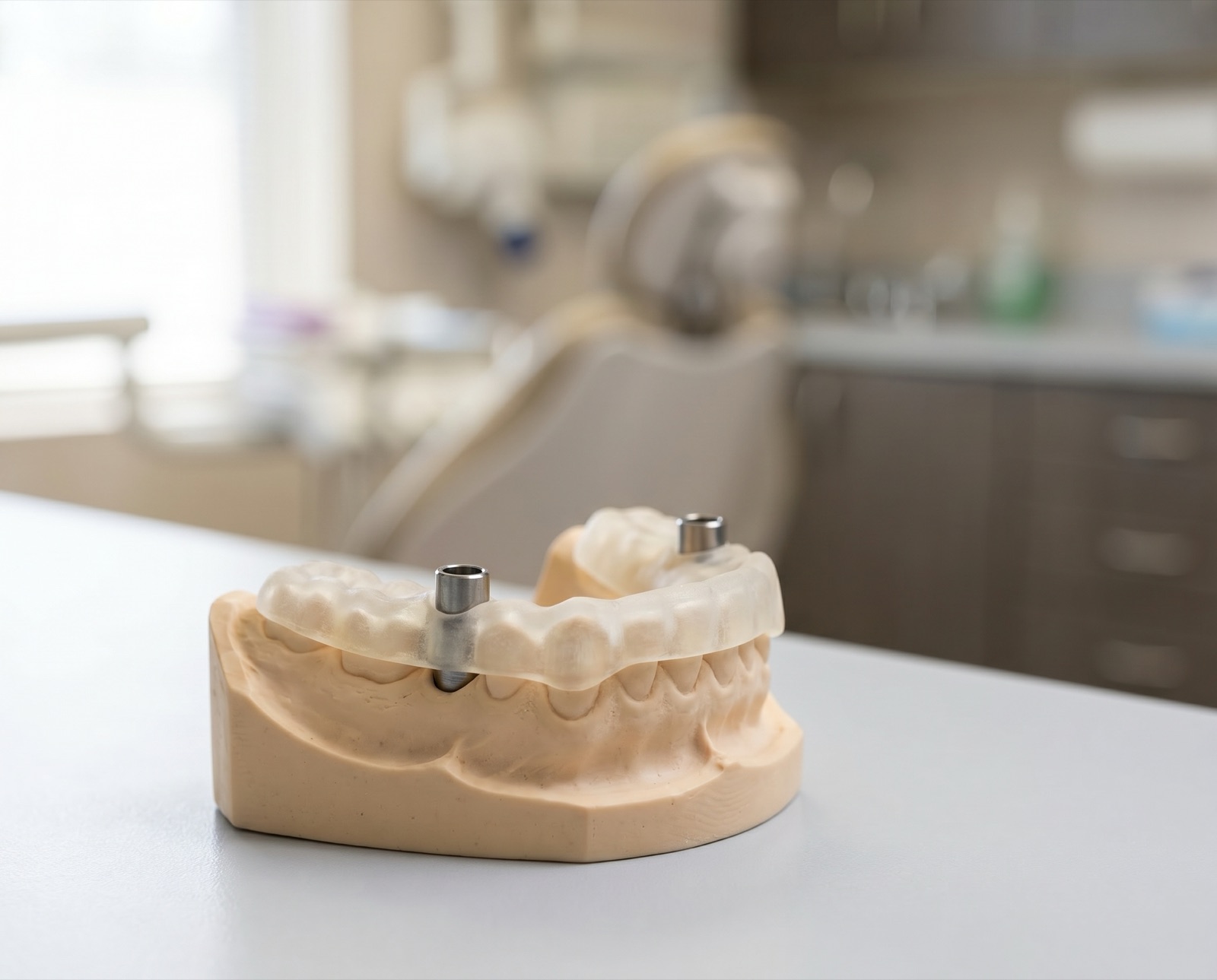A 3D-printed surgical guide with metal sleeves seated on a dental model